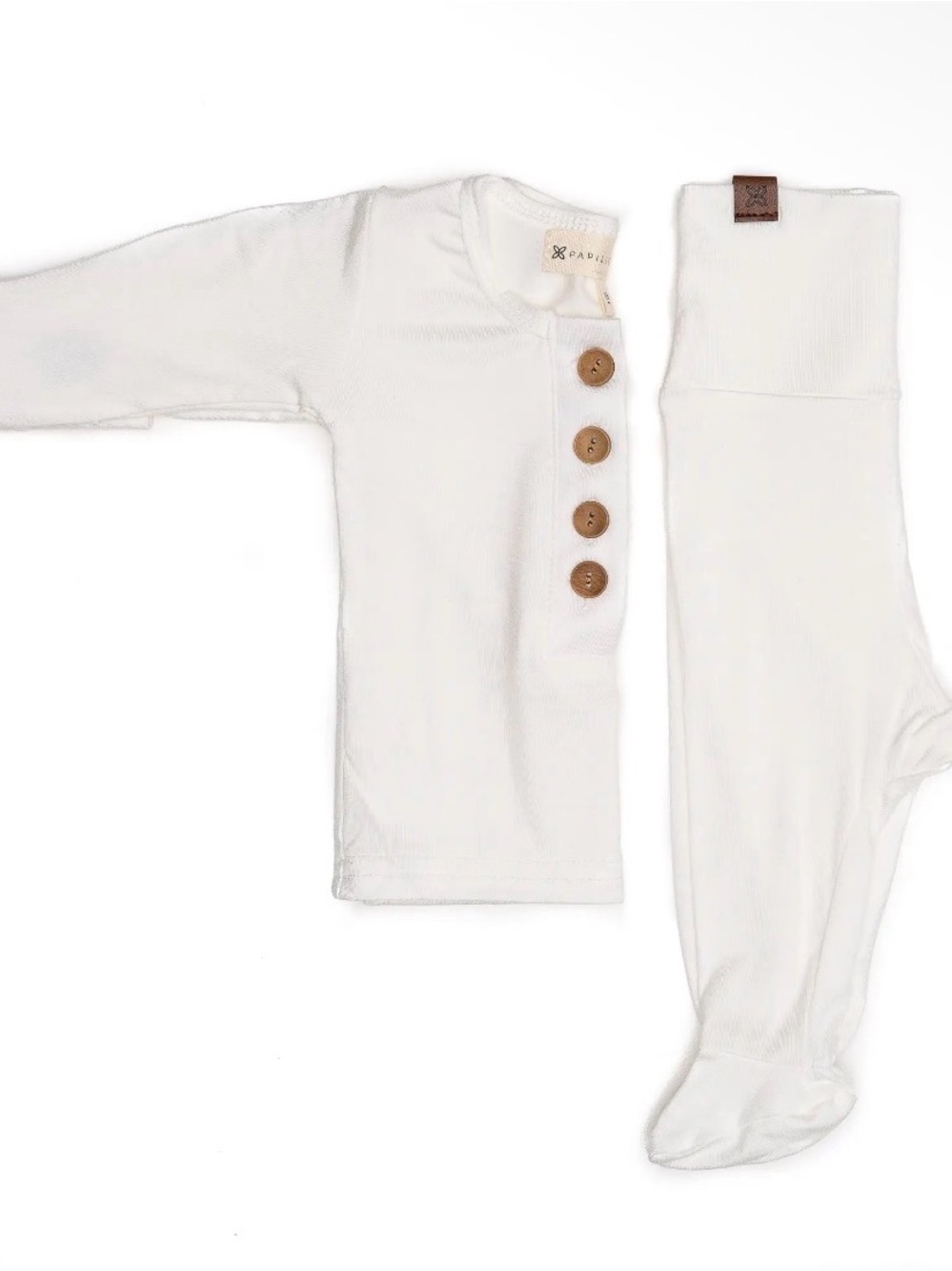 NWOT Papillon Blanc Cream Gender Neutral One-Piece with Wood Buttons